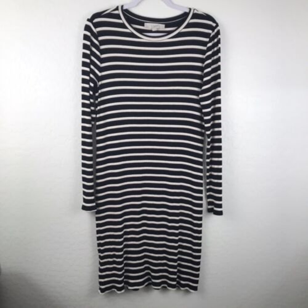 Loft Women's Maxi Dress Striped Black Pink White Long Sleeve Size 12